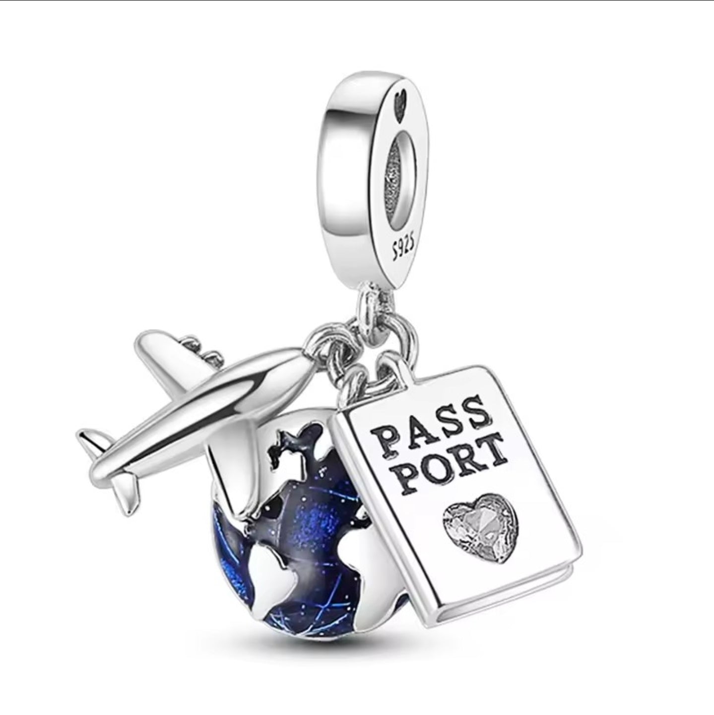 Airplane, Globe & Passport Dangle Charm